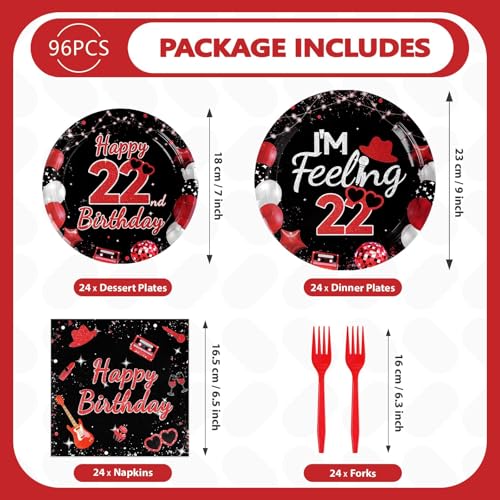 96 Pcs Black Red 22nd Birthday Party Plates and Napkins - Grencian