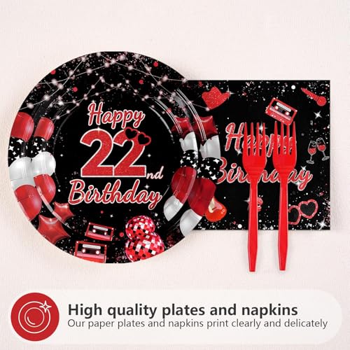 96 Pcs Black Red 22nd Birthday Party Plates and Napkins - Grencian