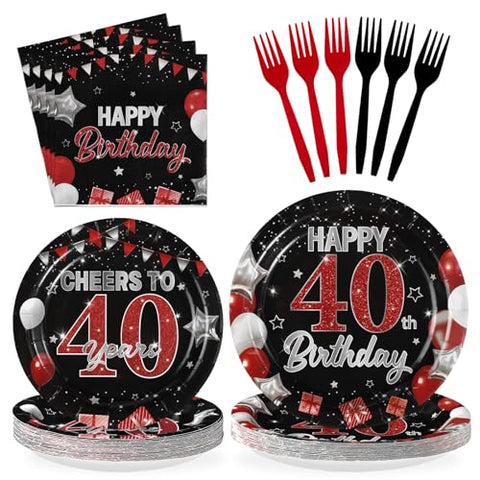 96 Pcs Black Red 40th Birthday Party Plates and Napkins