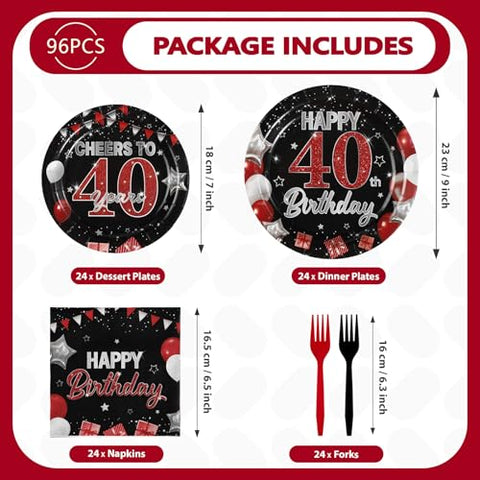 96 Pcs Black Red 40th Birthday Party Plates and Napkins