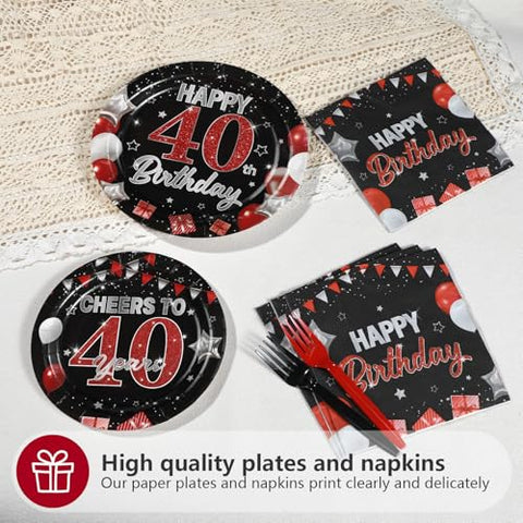 96 Pcs Black Red 40th Birthday Party Plates and Napkins
