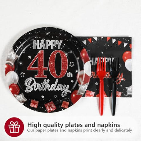 96 Pcs Black Red 40th Birthday Party Plates and Napkins