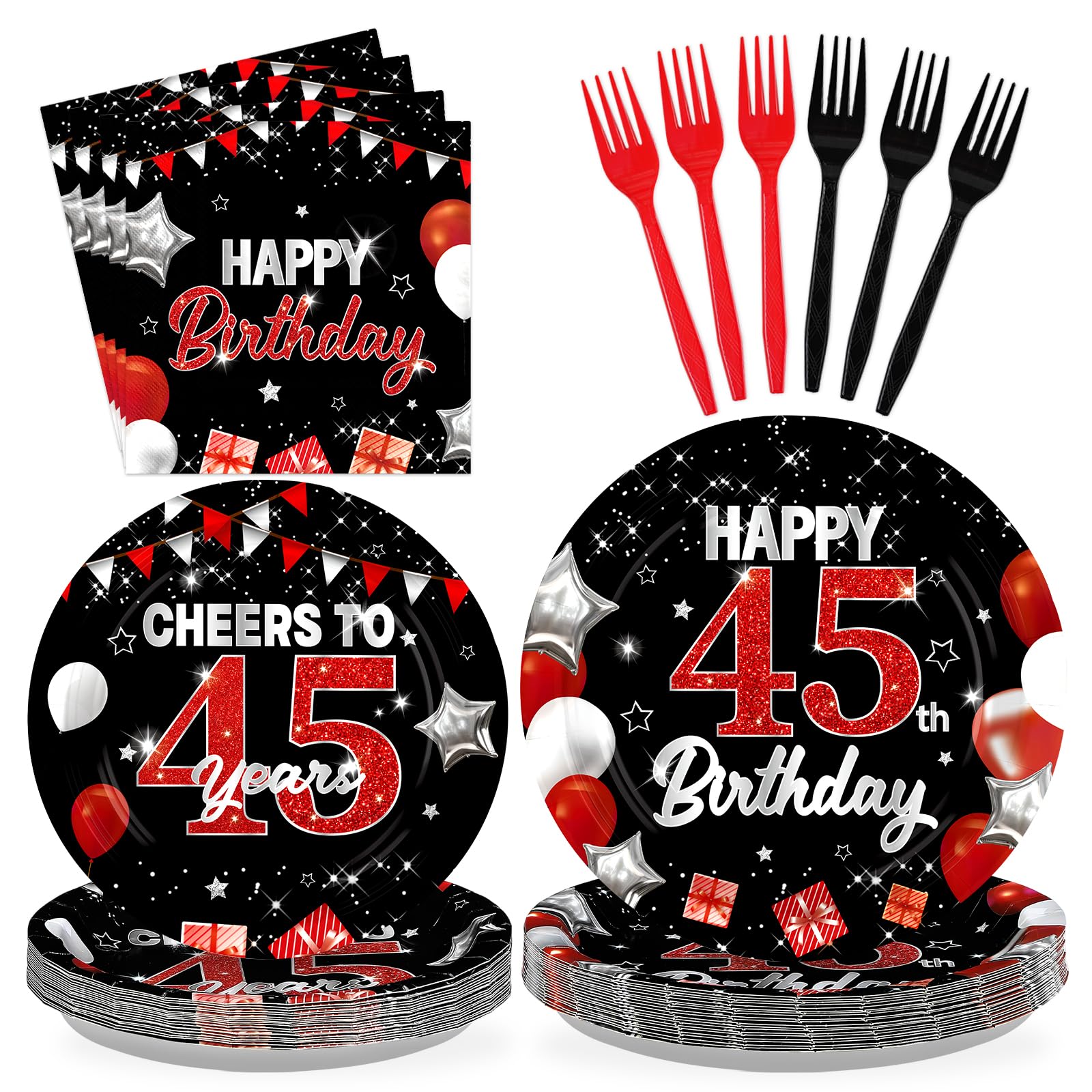 96 Pcs Black Red 45th Birthday Party Plates and Napkins - Grencian