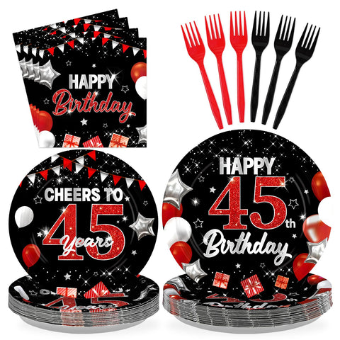 96 Pcs Black Red 45th Birthday Party Plates and Napkins - Grencian
