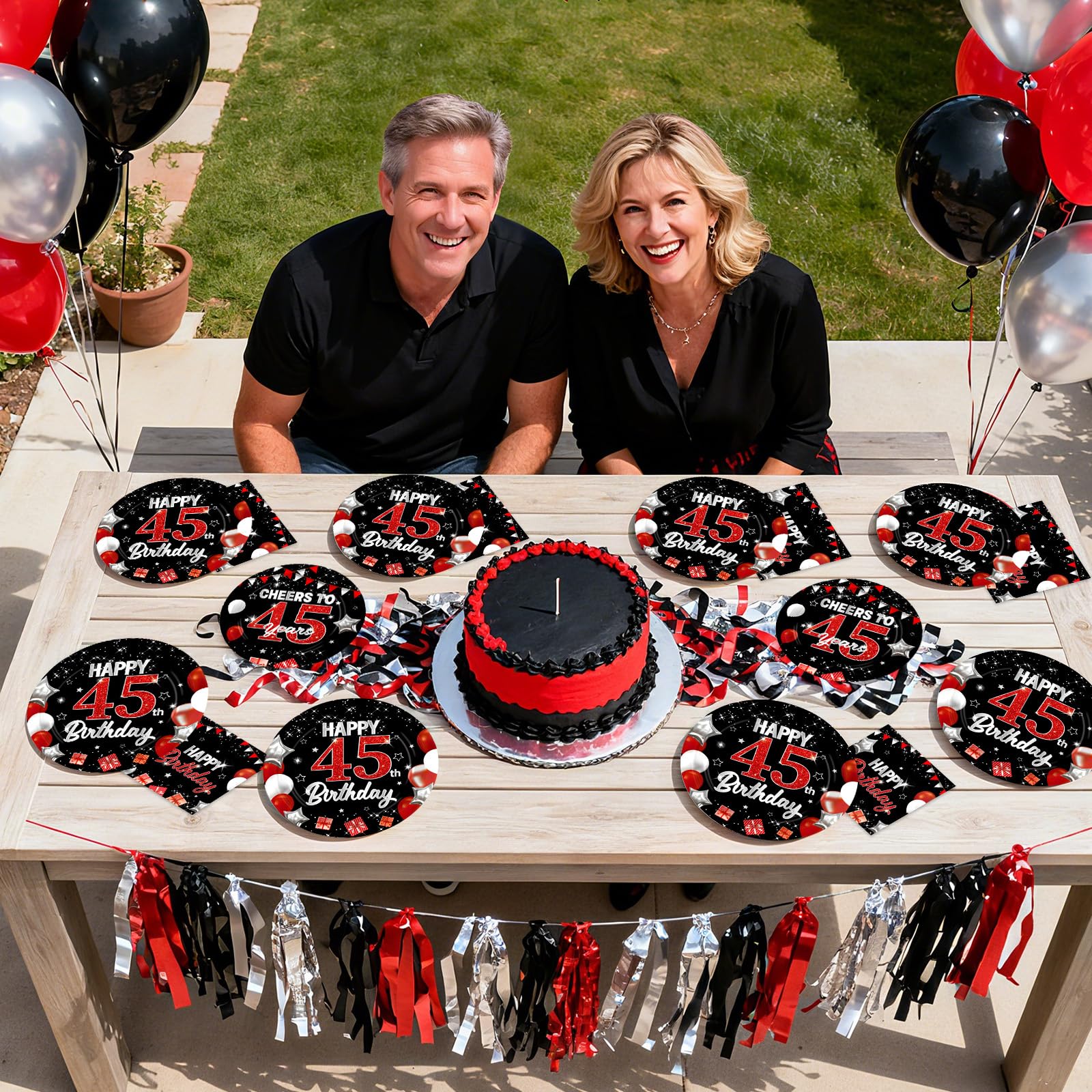 96 Pcs Black Red 45th Birthday Party Plates and Napkins - Grencian