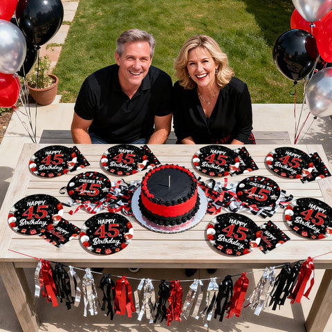 96 Pcs Black Red 45th Birthday Party Plates and Napkins - Grencian