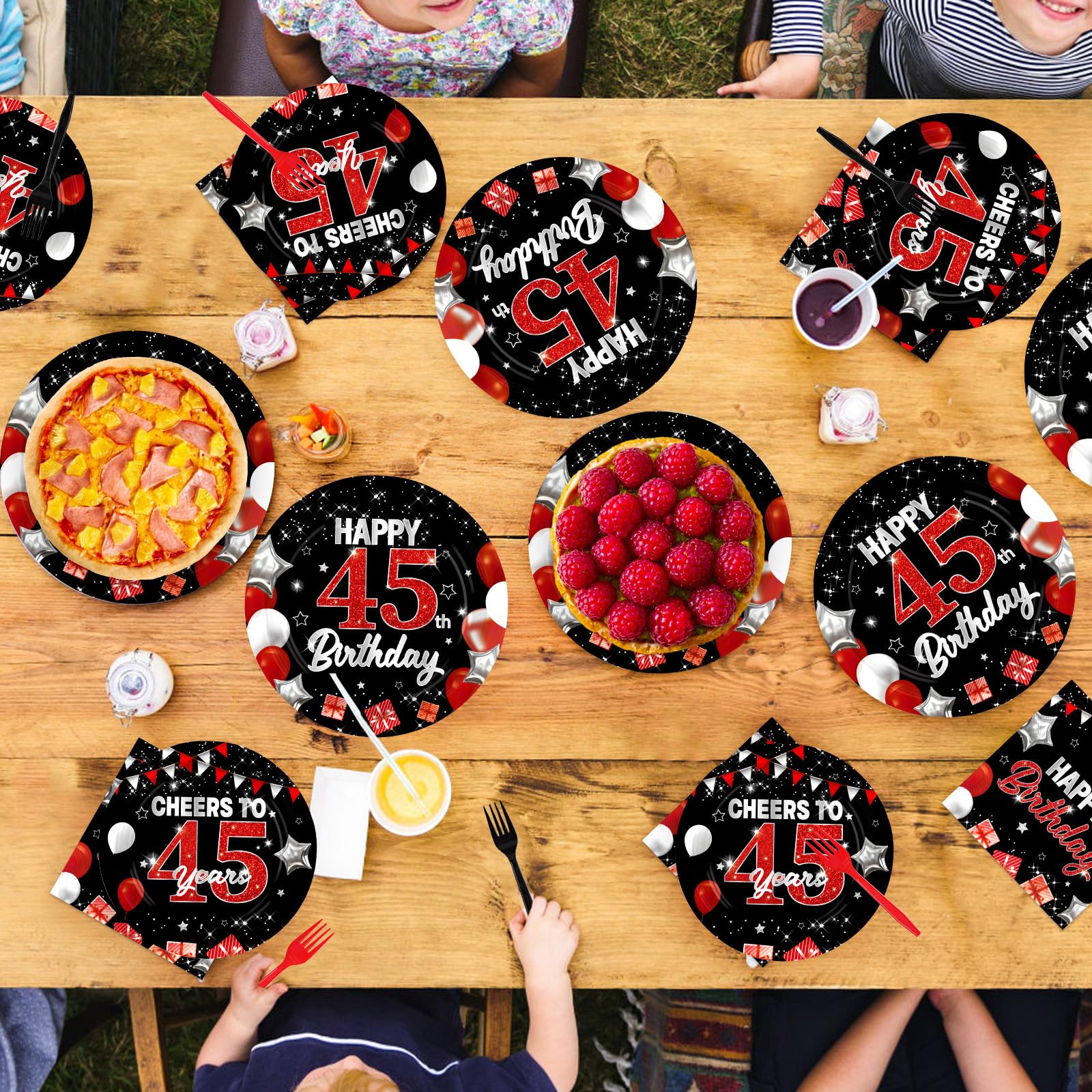 96 Pcs Black Red 45th Birthday Party Plates and Napkins - Grencian