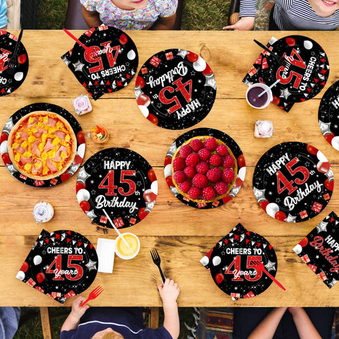 96 Pcs Black Red 45th Birthday Party Plates and Napkins - Grencian