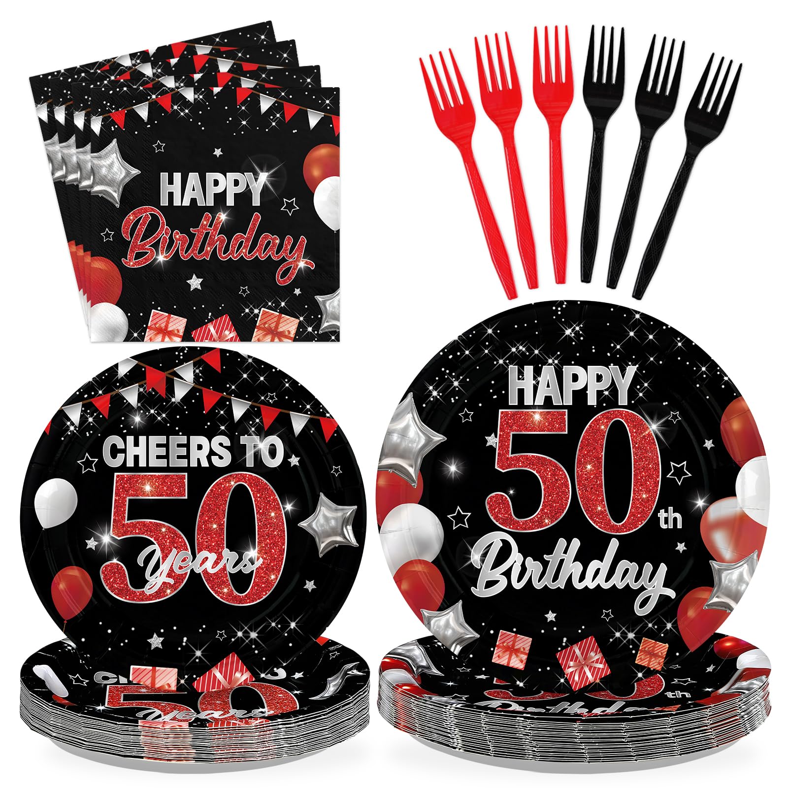 96 Pcs Black Red 50th Birthday Party Plates and Napkins - Grencian
