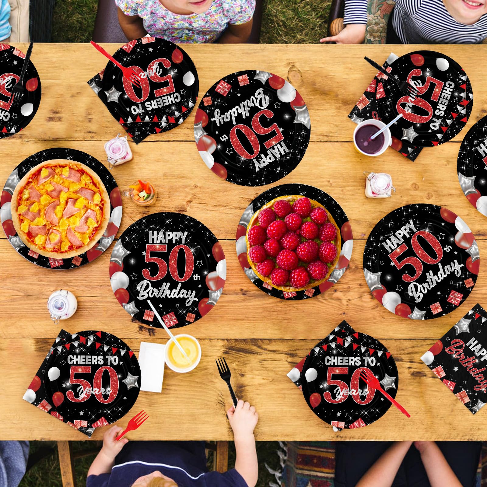 96 Pcs Black Red 50th Birthday Party Plates and Napkins - Grencian