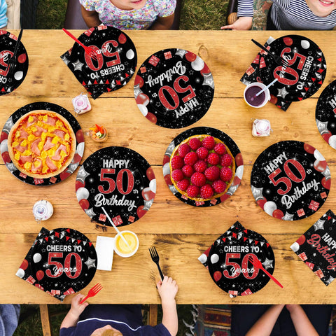 96 Pcs Black Red 50th Birthday Party Plates and Napkins - Grencian