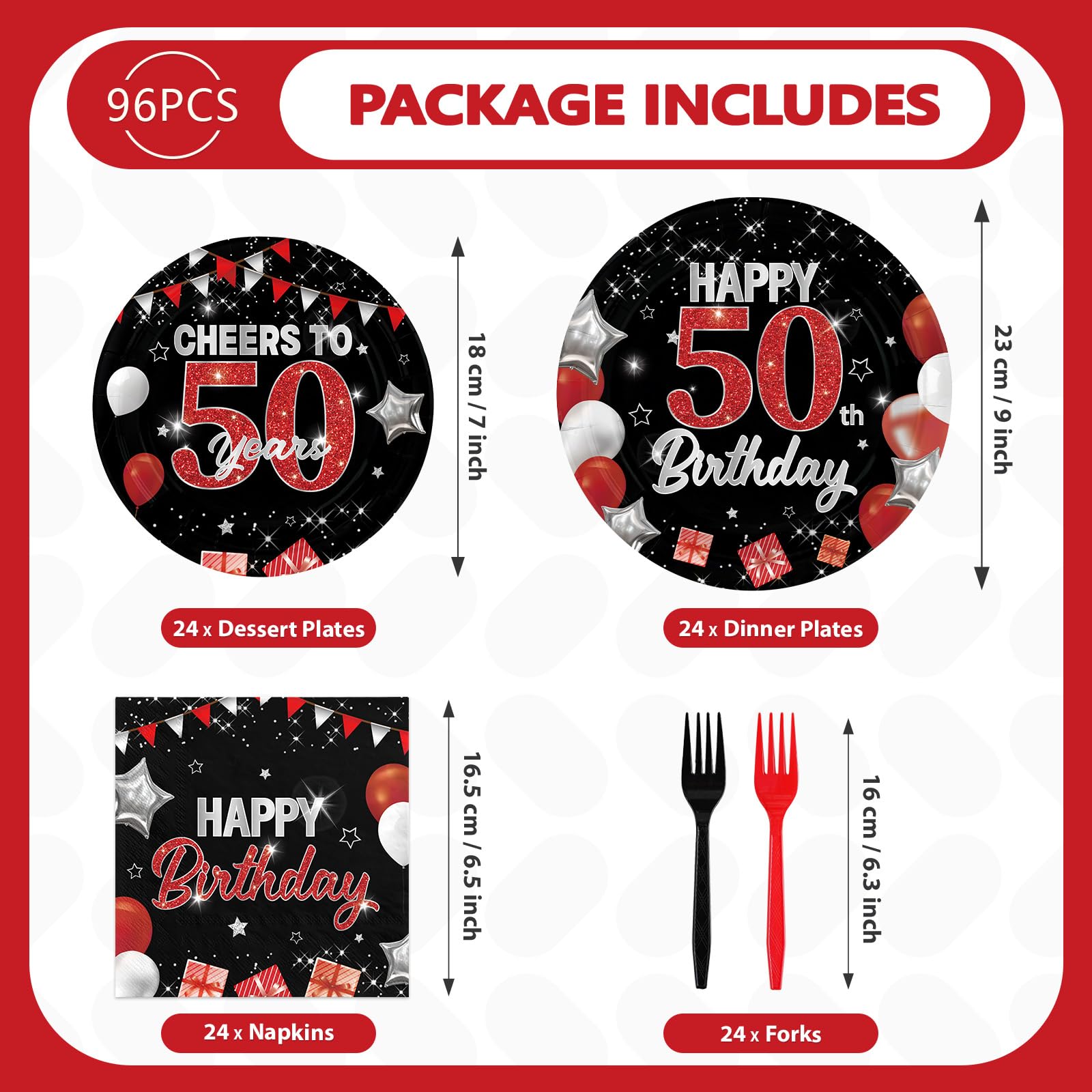 96 Pcs Black Red 50th Birthday Party Plates and Napkins - Grencian