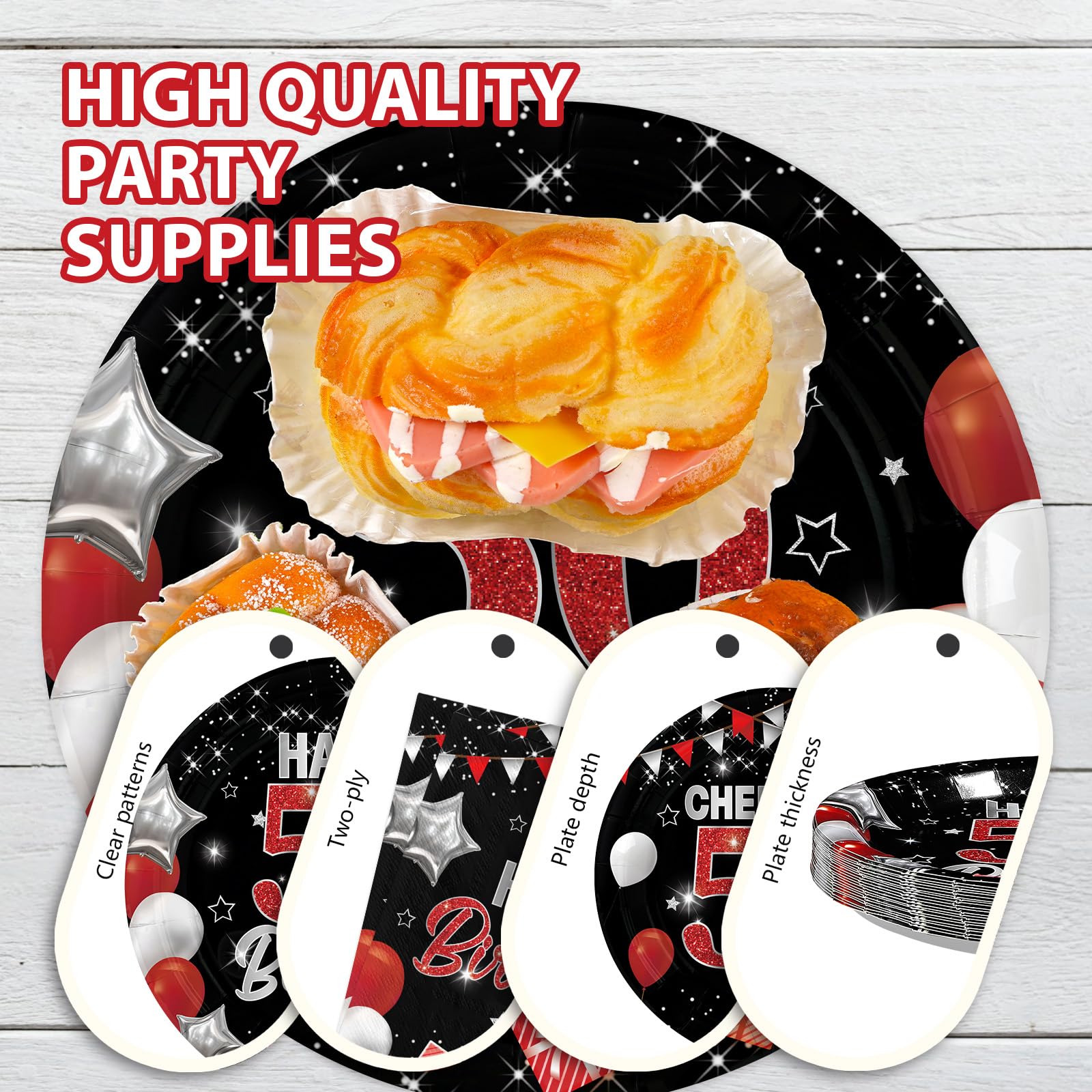 96 Pcs Black Red 50th Birthday Party Plates and Napkins - Grencian