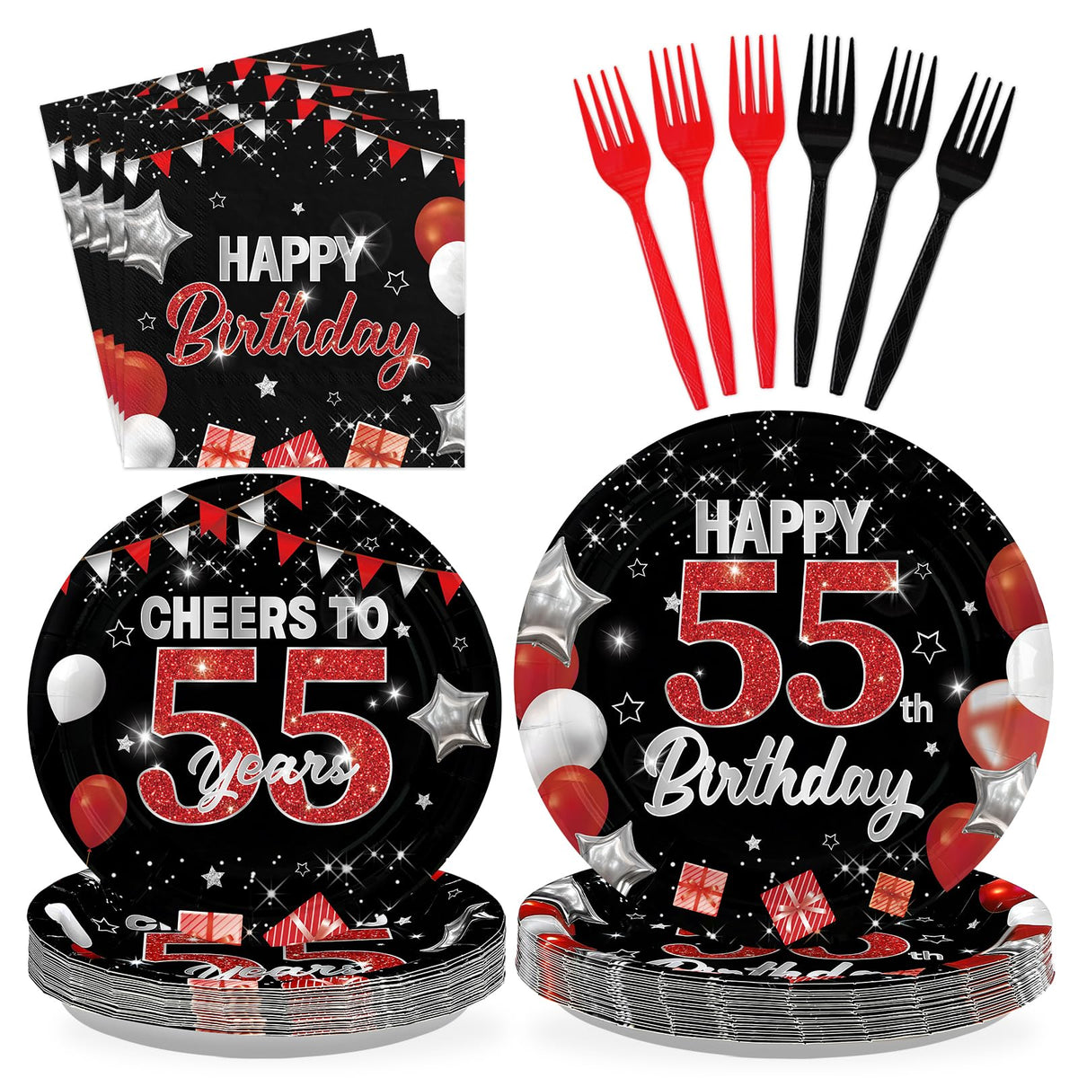 96 Pcs Black Red 55th Birthday Party Plates and Napkins - Grencian