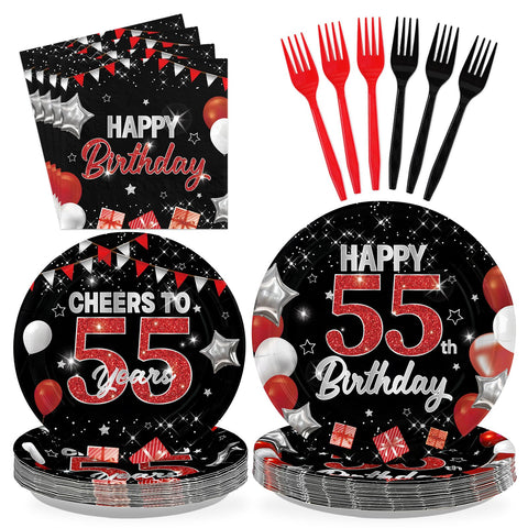 96 Pcs Black Red 55th Birthday Party Plates and Napkins - Grencian