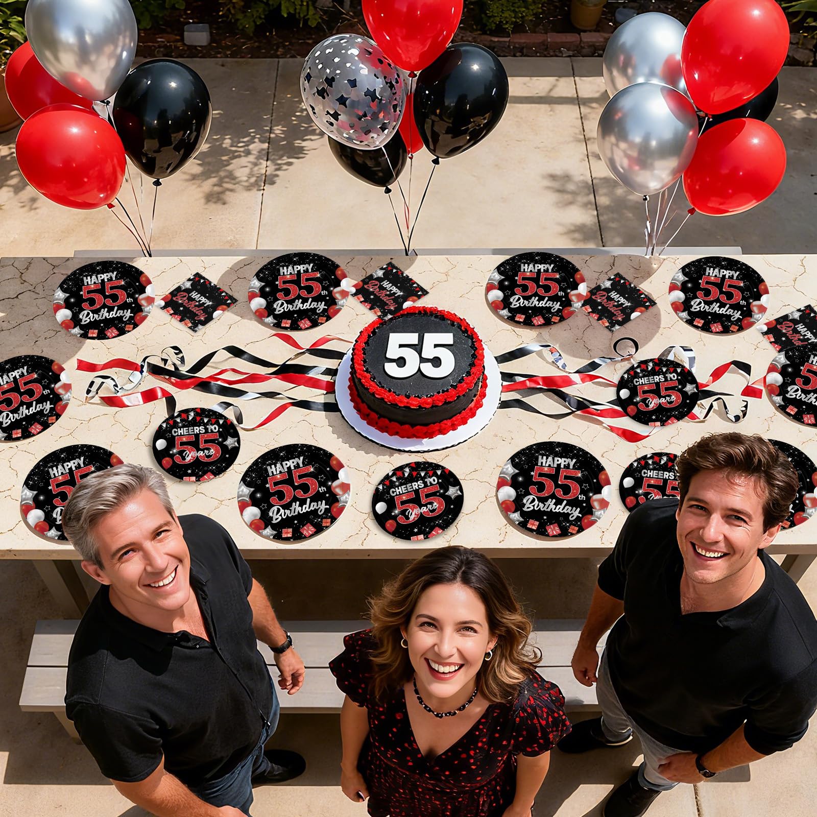 96 Pcs Black Red 55th Birthday Party Plates and Napkins - Grencian