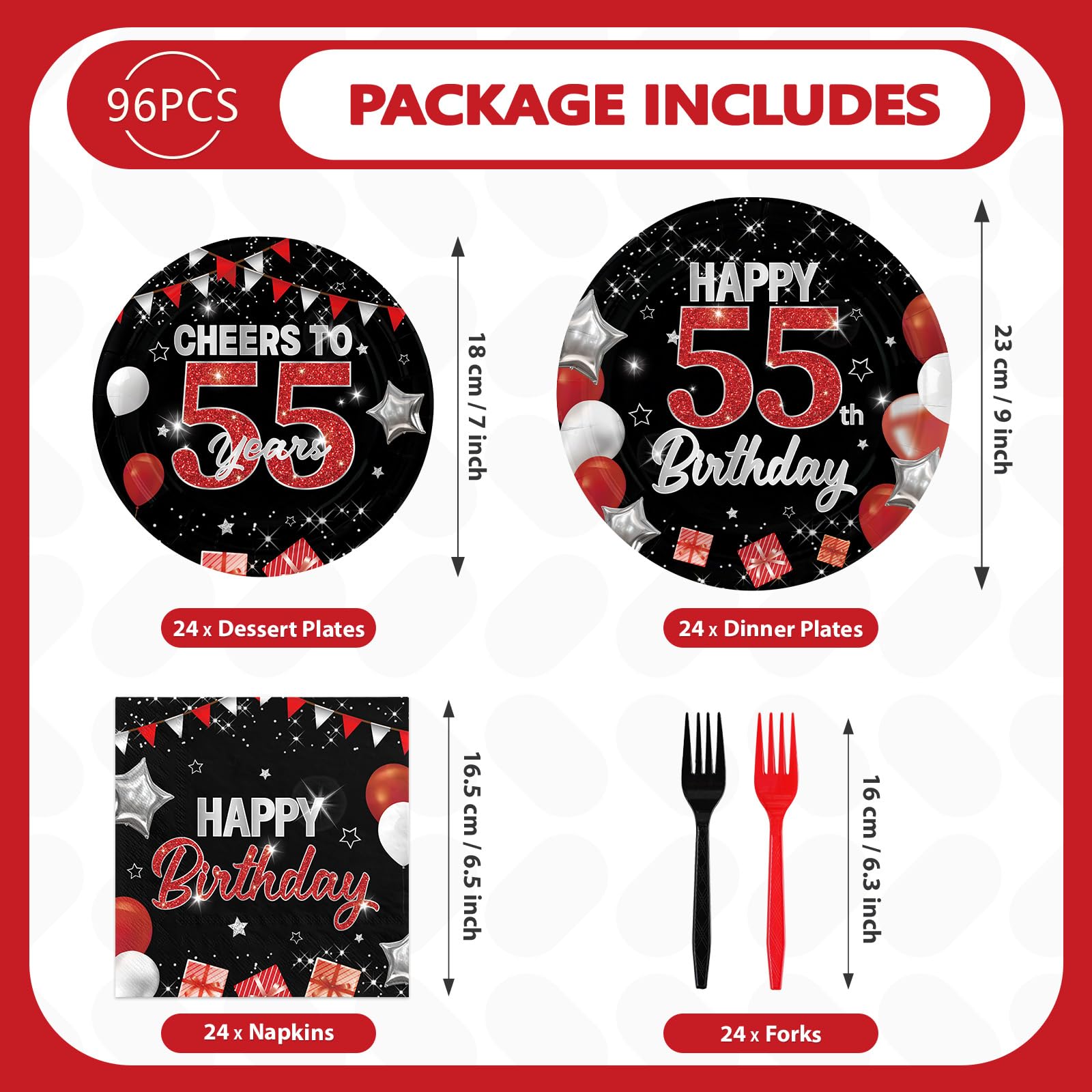 96 Pcs Black Red 55th Birthday Party Plates and Napkins - Grencian