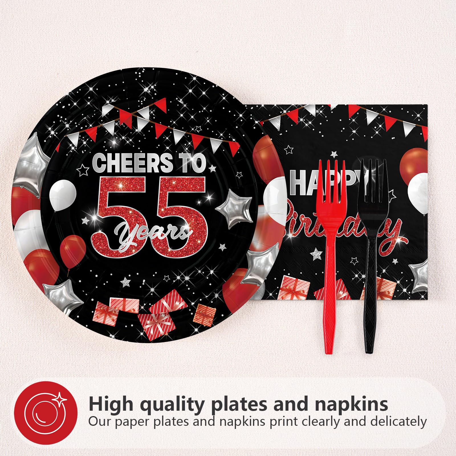 96 Pcs Black Red 55th Birthday Party Plates and Napkins - Grencian