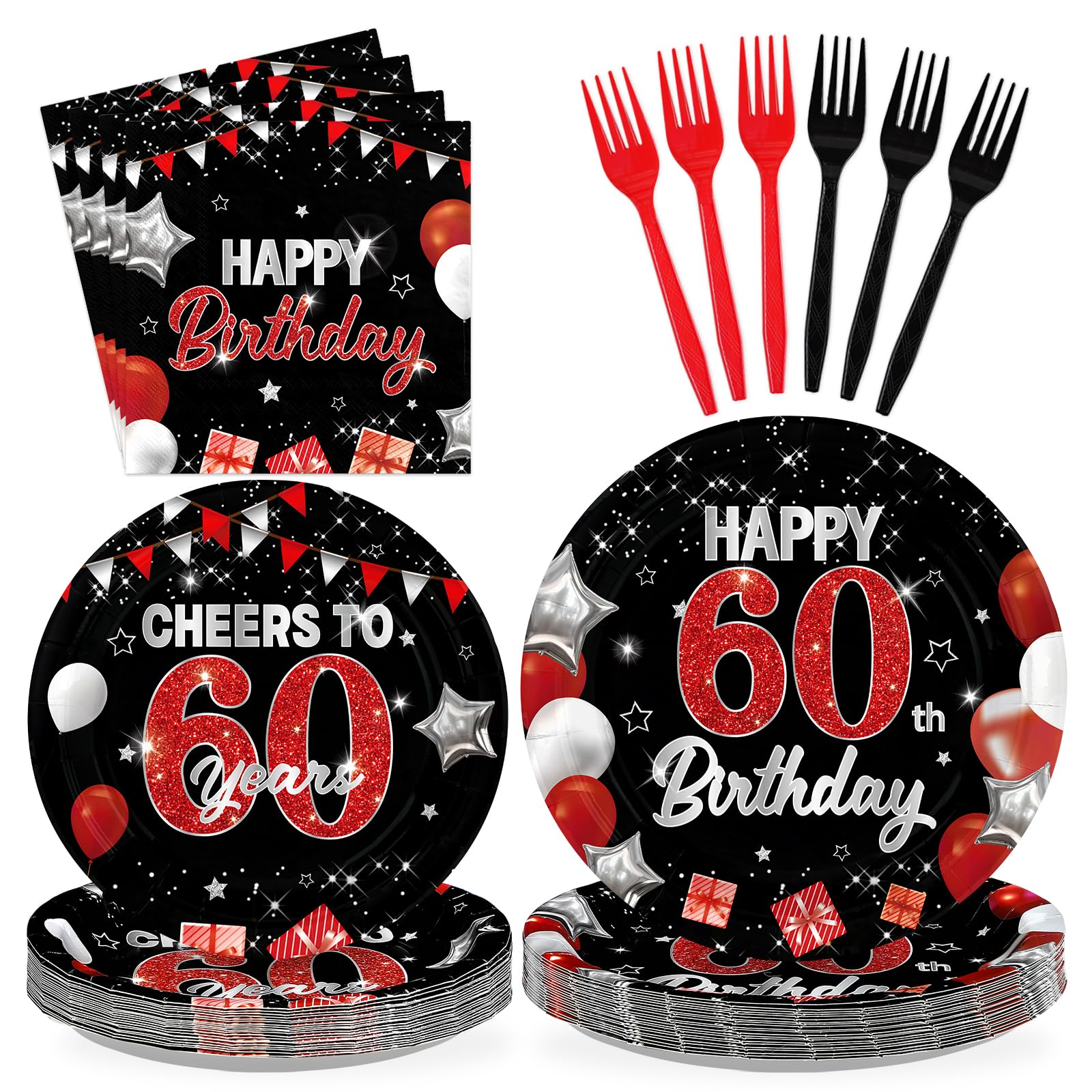 96 Pcs Black Red 60th Birthday Party Plates and Napkins - Grencian