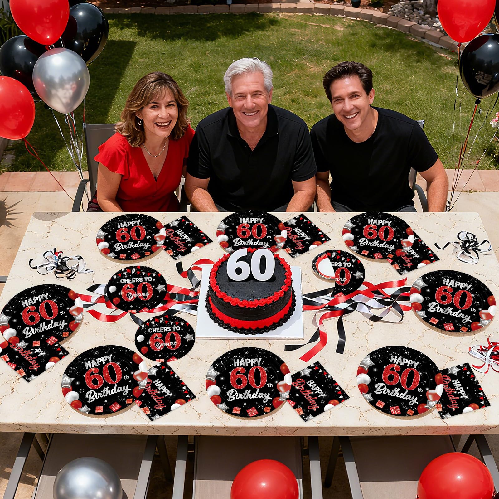 96 Pcs Black Red 60th Birthday Party Plates and Napkins - Grencian