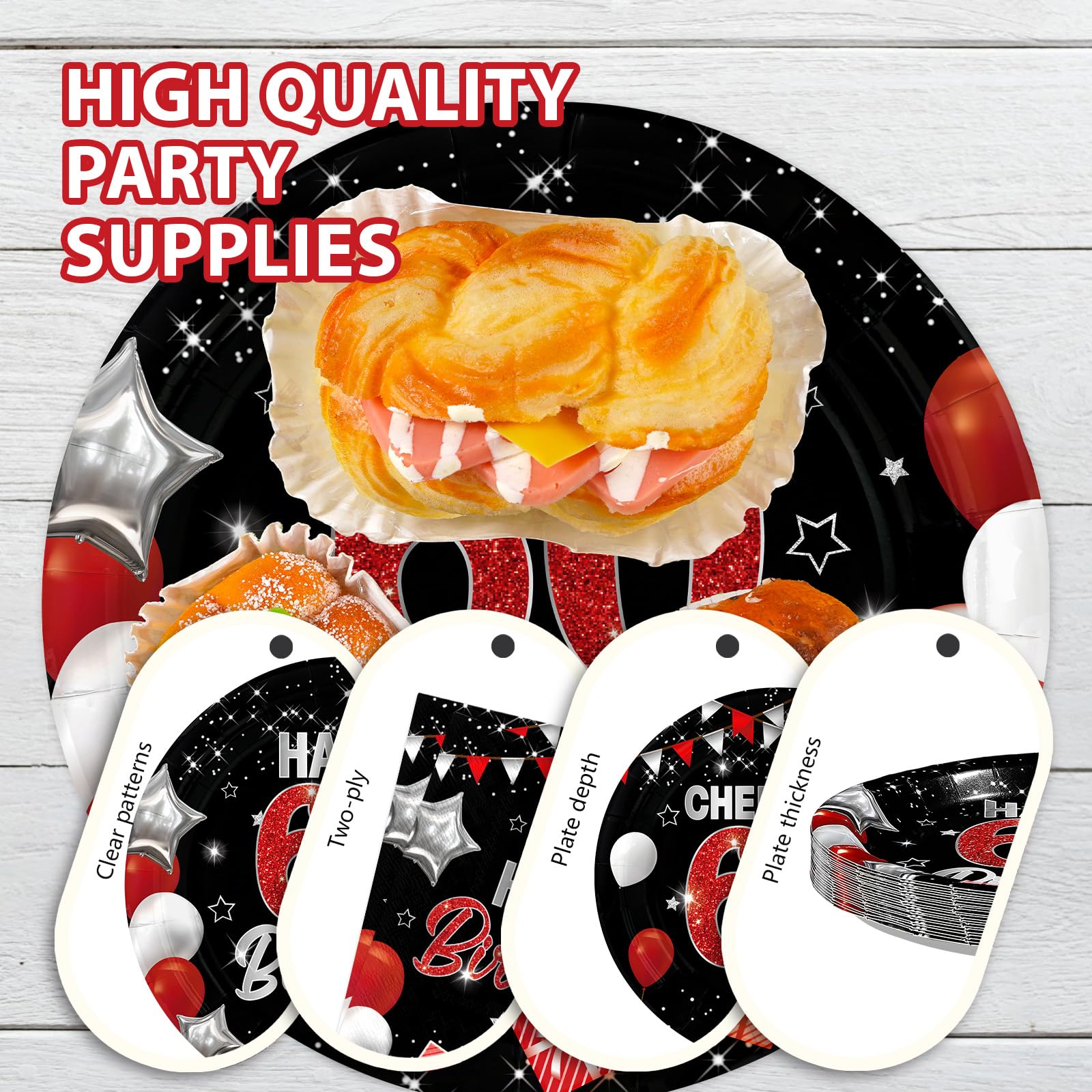 96 Pcs Black Red 60th Birthday Party Plates and Napkins - Grencian
