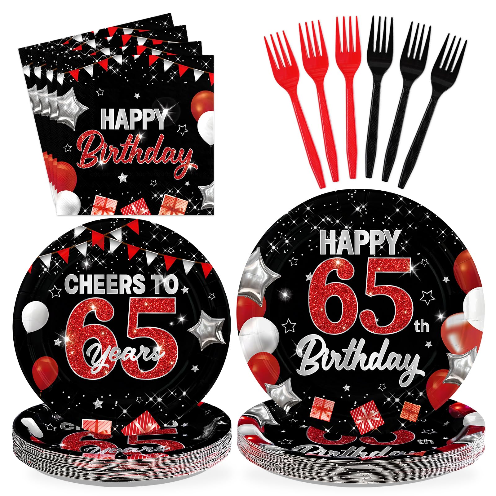 96 Pcs Black Red 65th Birthday Party Plates and Napkins - Grencian