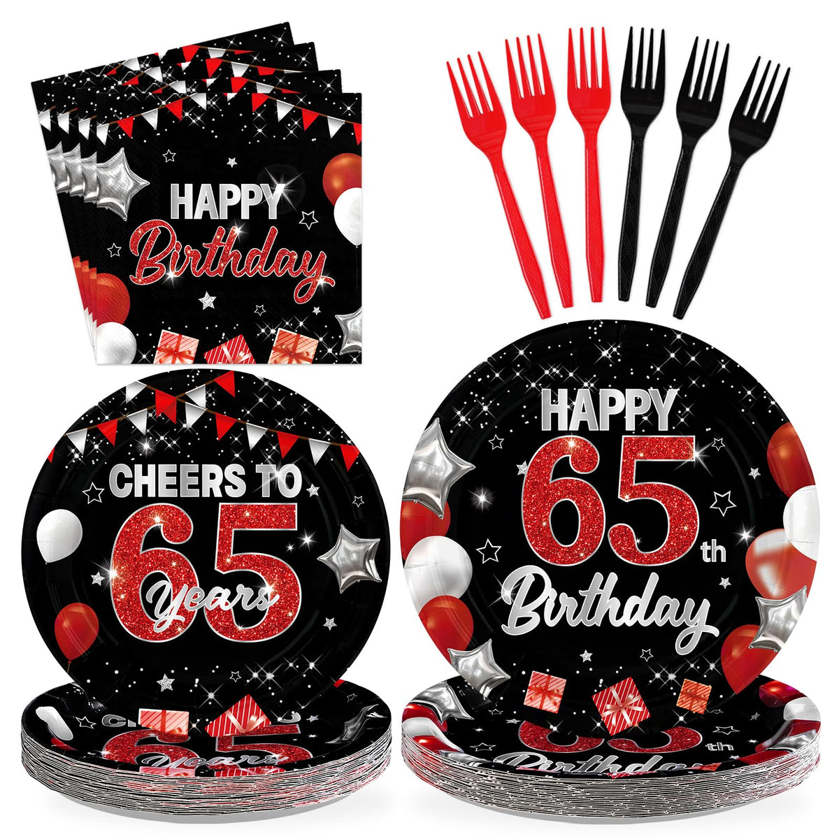 96 Pcs Black Red 65th Birthday Party Plates and Napkins - Grencian