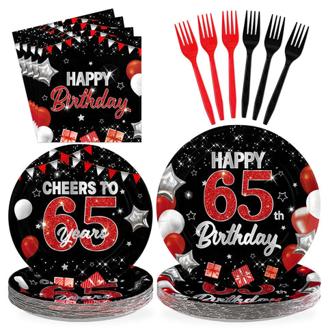 96 Pcs Black Red 65th Birthday Party Plates and Napkins - Grencian