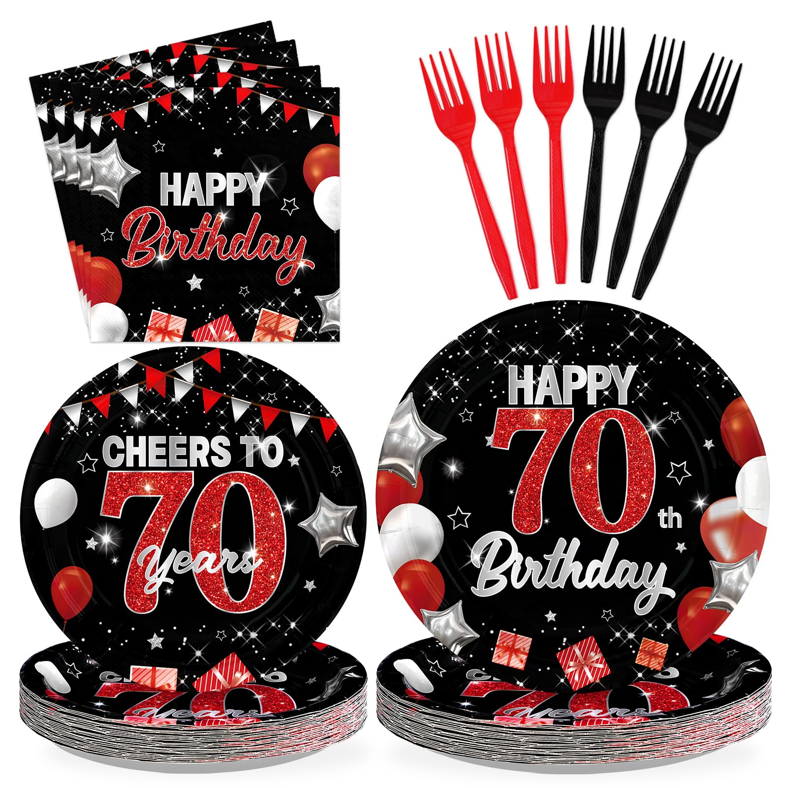 96 Pcs Black Red 70th Birthday Party Plates and Napkins - Grencian
