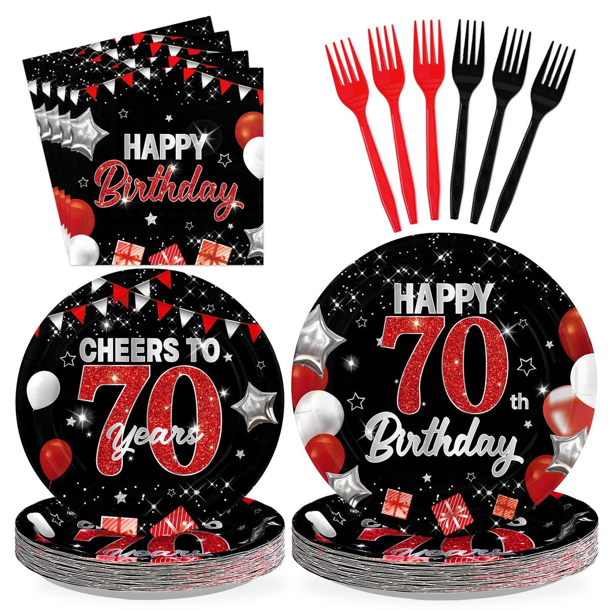 96 Pcs Black Red 70th Birthday Party Plates and Napkins - Grencian