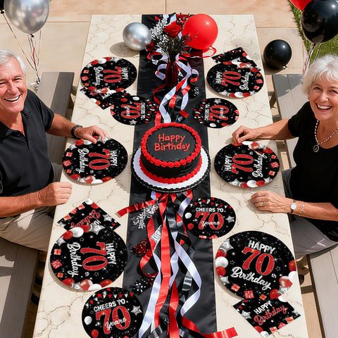 96 Pcs Black Red 70th Birthday Party Plates and Napkins - Grencian