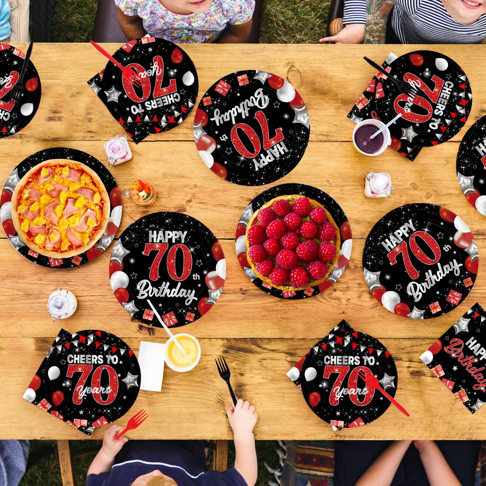96 Pcs Black Red 70th Birthday Party Plates and Napkins - Grencian