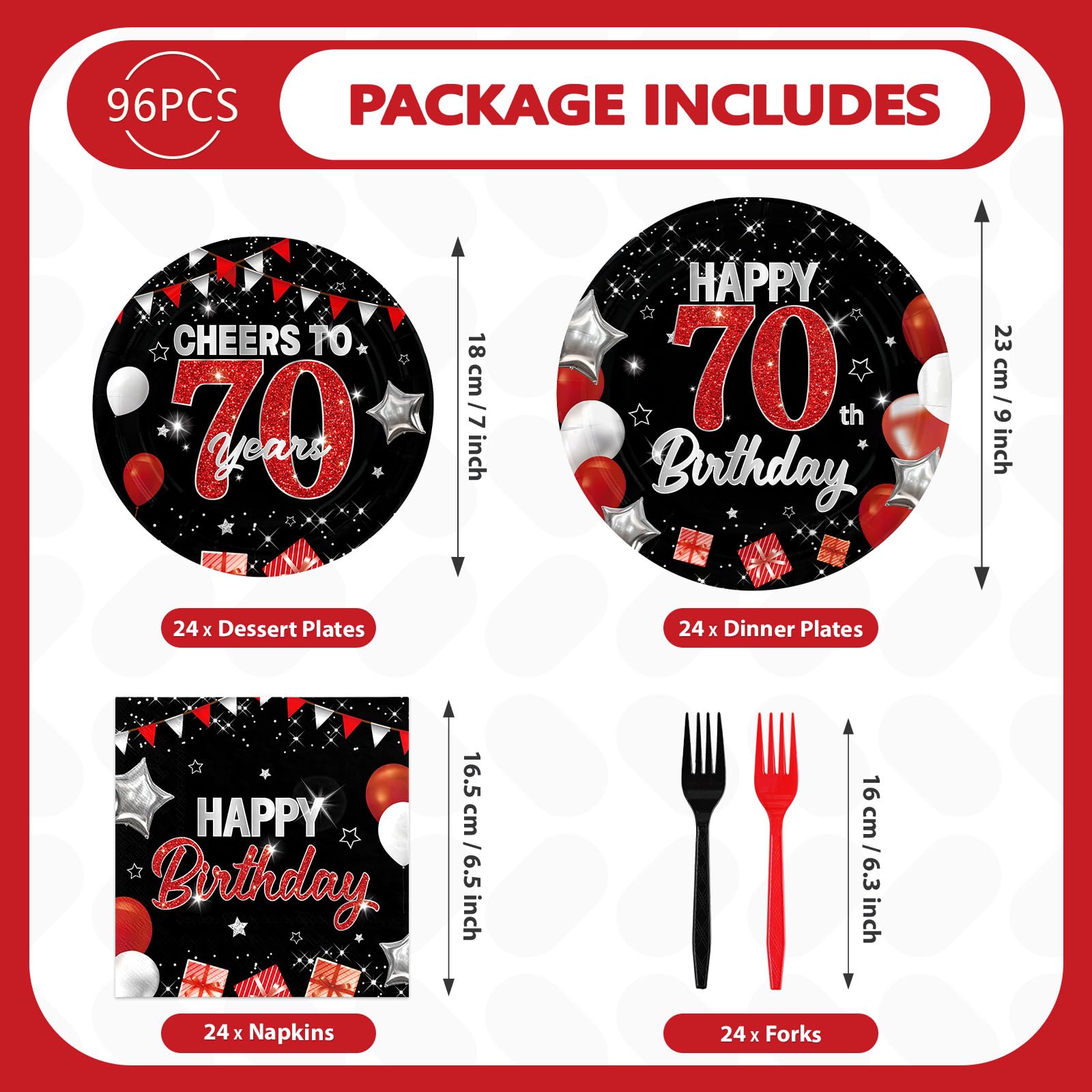 96 Pcs Black Red 70th Birthday Party Plates and Napkins - Grencian