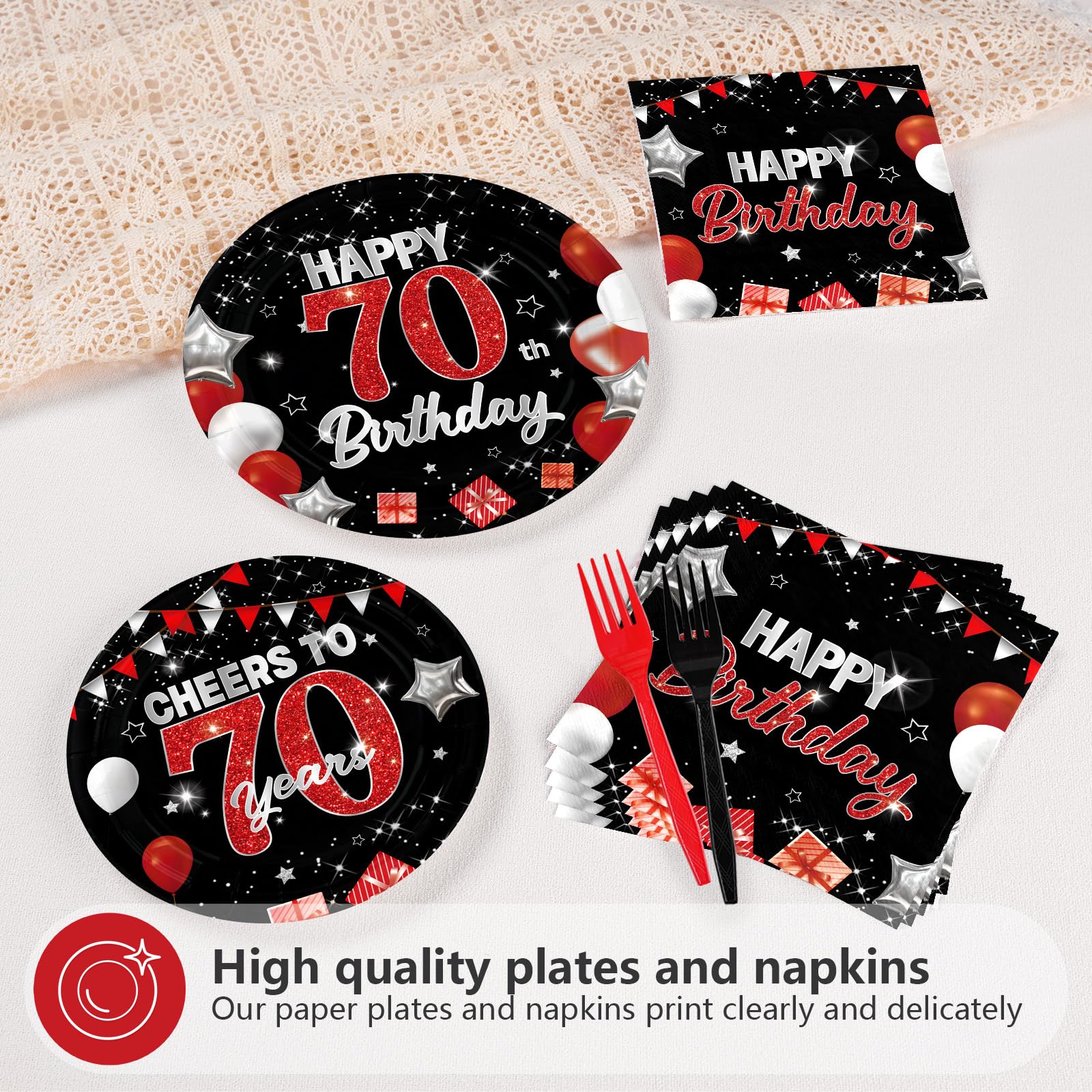 96 Pcs Black Red 70th Birthday Party Plates and Napkins - Grencian