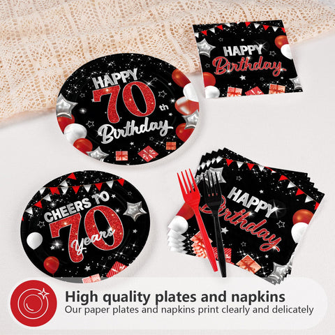 96 Pcs Black Red 70th Birthday Party Plates and Napkins - Grencian