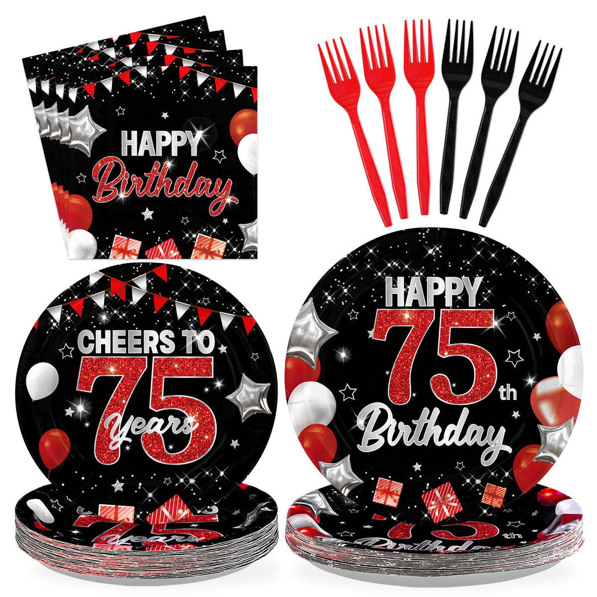 96 Pcs Black Red 75th Birthday Party Plates and Napkins - Grencian
