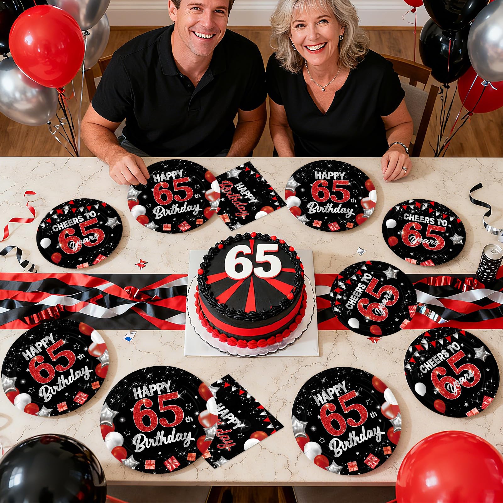 96 Pcs Black Red 75th Birthday Party Plates and Napkins - Grencian