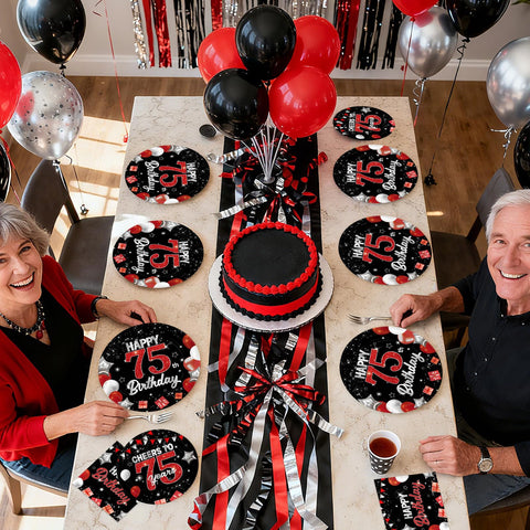 96 Pcs Black Red 75th Birthday Party Plates and Napkins - Grencian