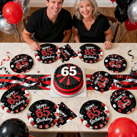 96 Pcs Black Red 75th Birthday Party Plates and Napkins - Grencian
