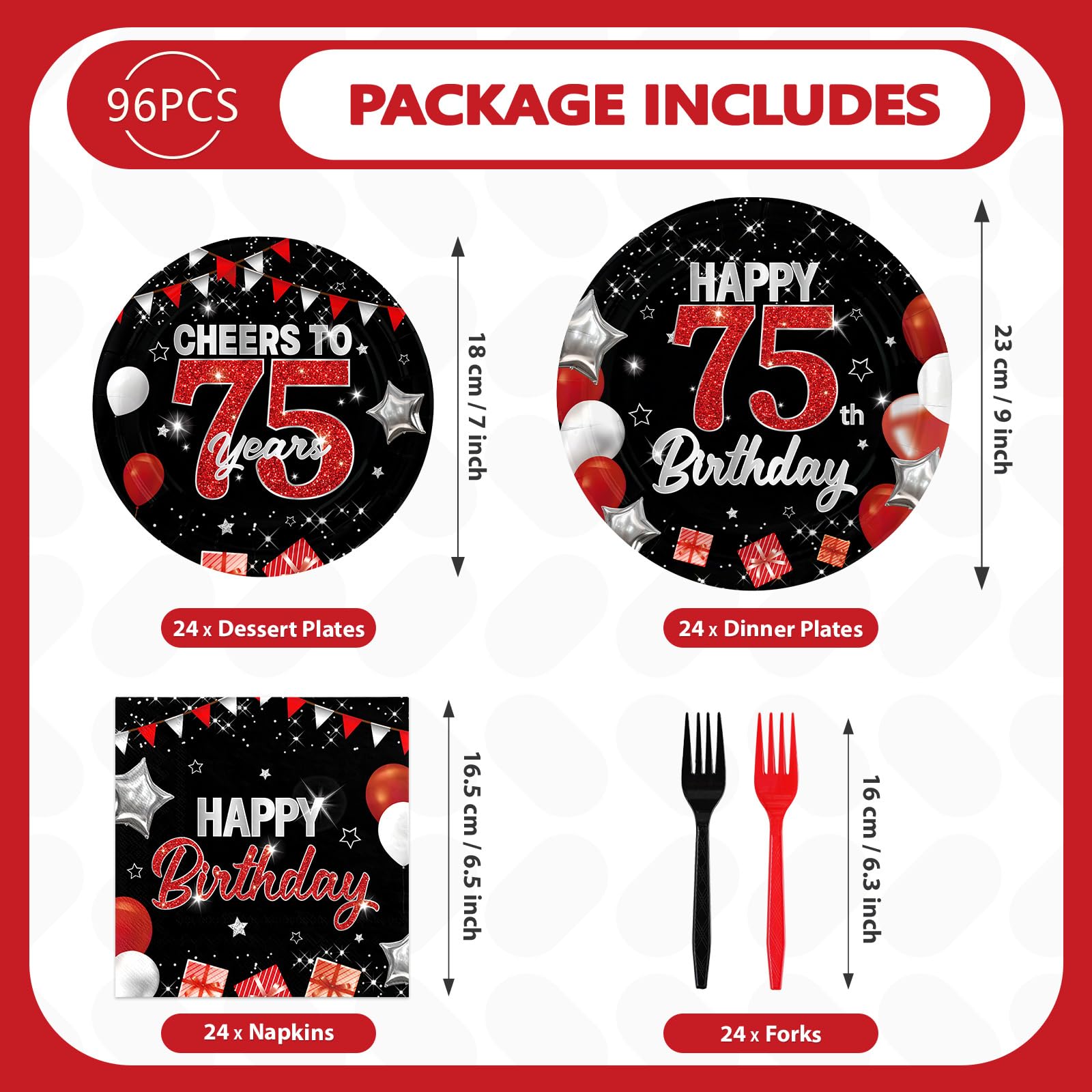 96 Pcs Black Red 75th Birthday Party Plates and Napkins - Grencian