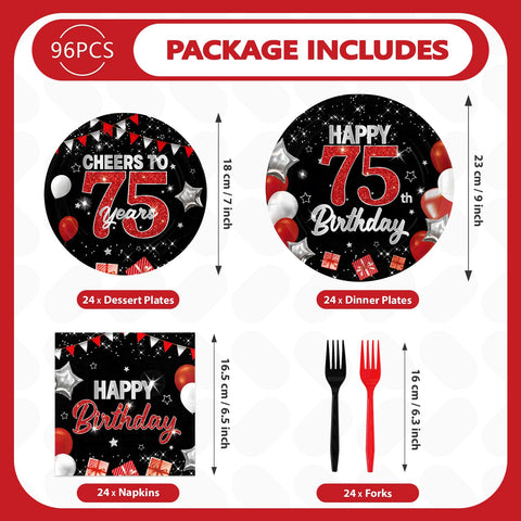 96 Pcs Black Red 75th Birthday Party Plates and Napkins - Grencian