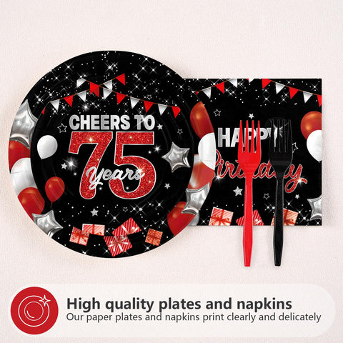 96 Pcs Black Red 75th Birthday Party Plates and Napkins - Grencian