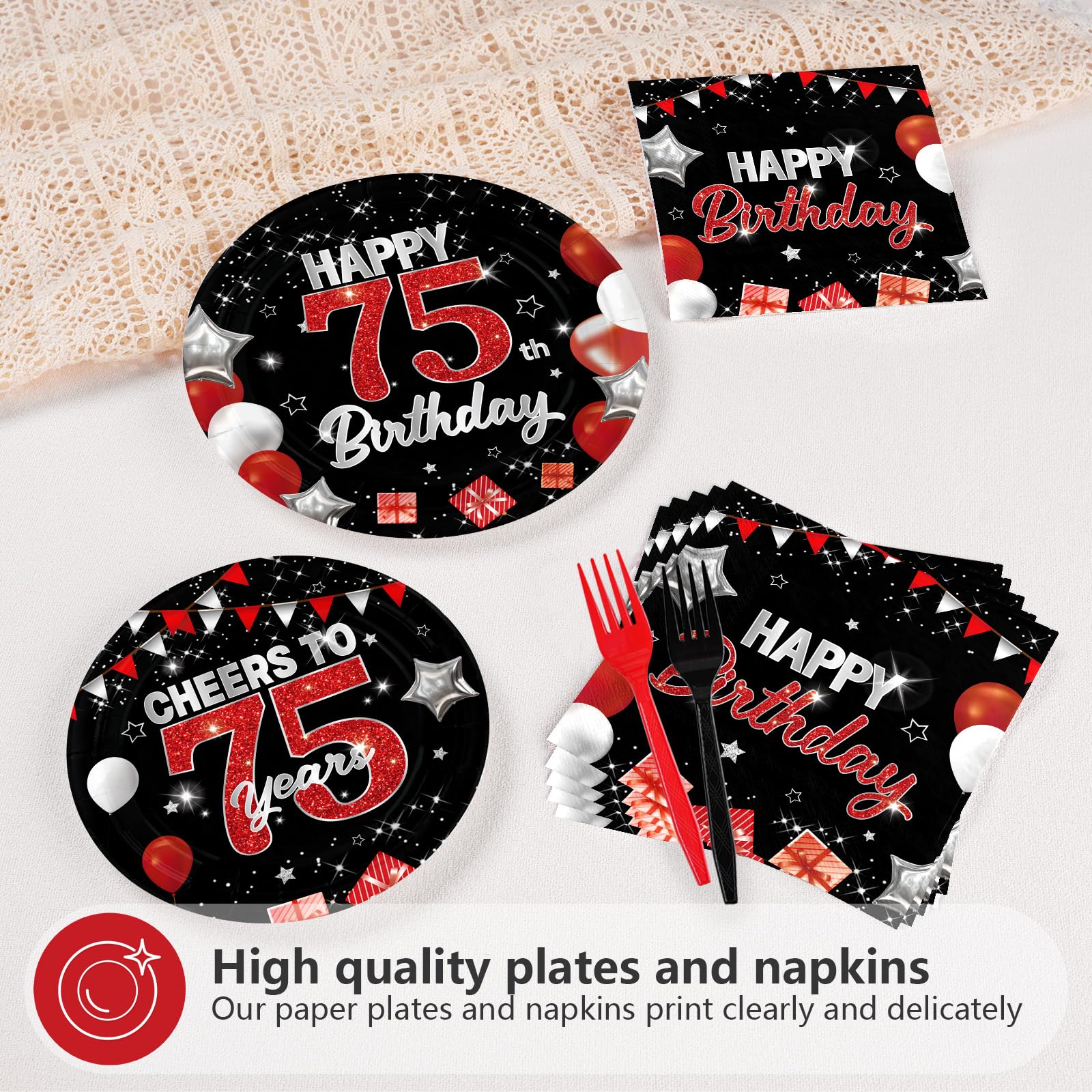 96 Pcs Black Red 75th Birthday Party Plates and Napkins - Grencian