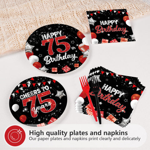96 Pcs Black Red 75th Birthday Party Plates and Napkins - Grencian