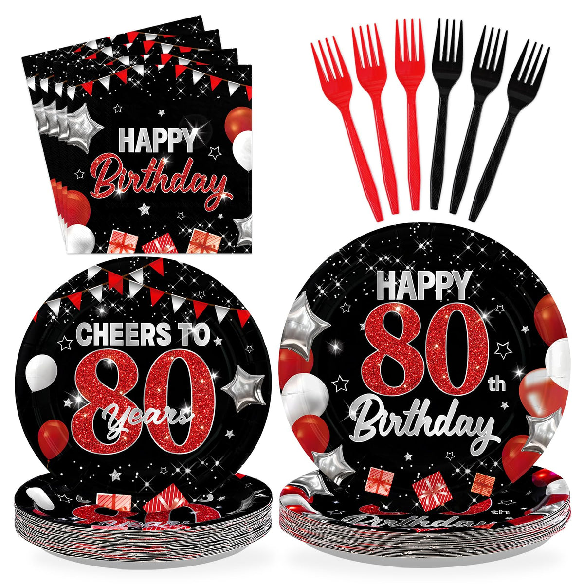 96 Pcs Black Red 80th Birthday Party Plates and Napkins - Grencian