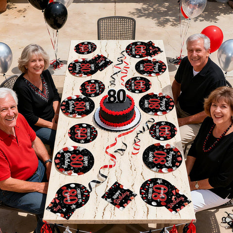 96 Pcs Black Red 80th Birthday Party Plates and Napkins - Grencian