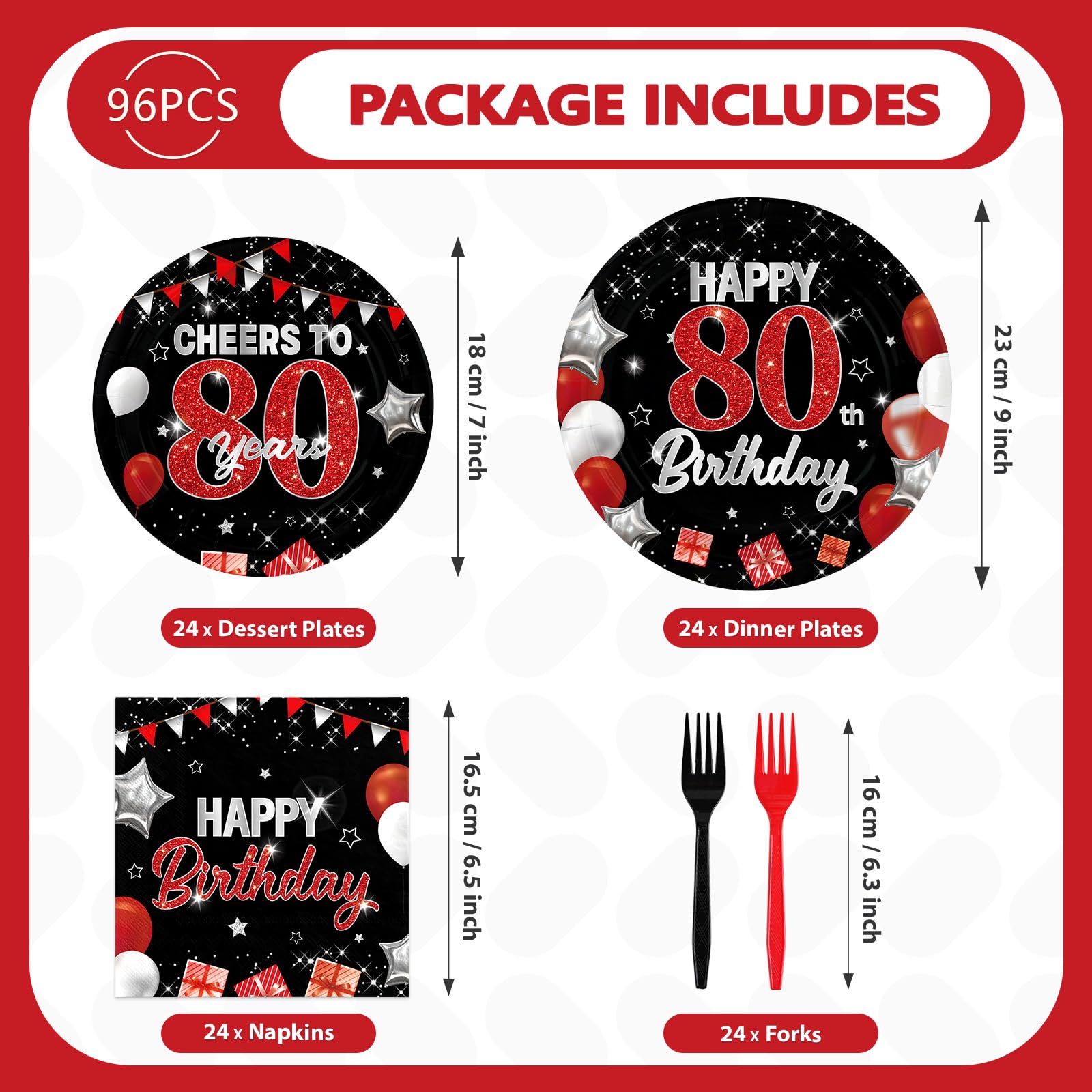 96 Pcs Black Red 80th Birthday Party Plates and Napkins - Grencian