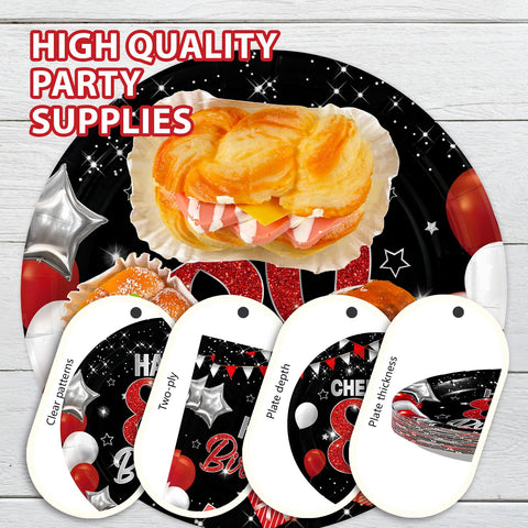96 Pcs Black Red 80th Birthday Party Plates and Napkins - Grencian