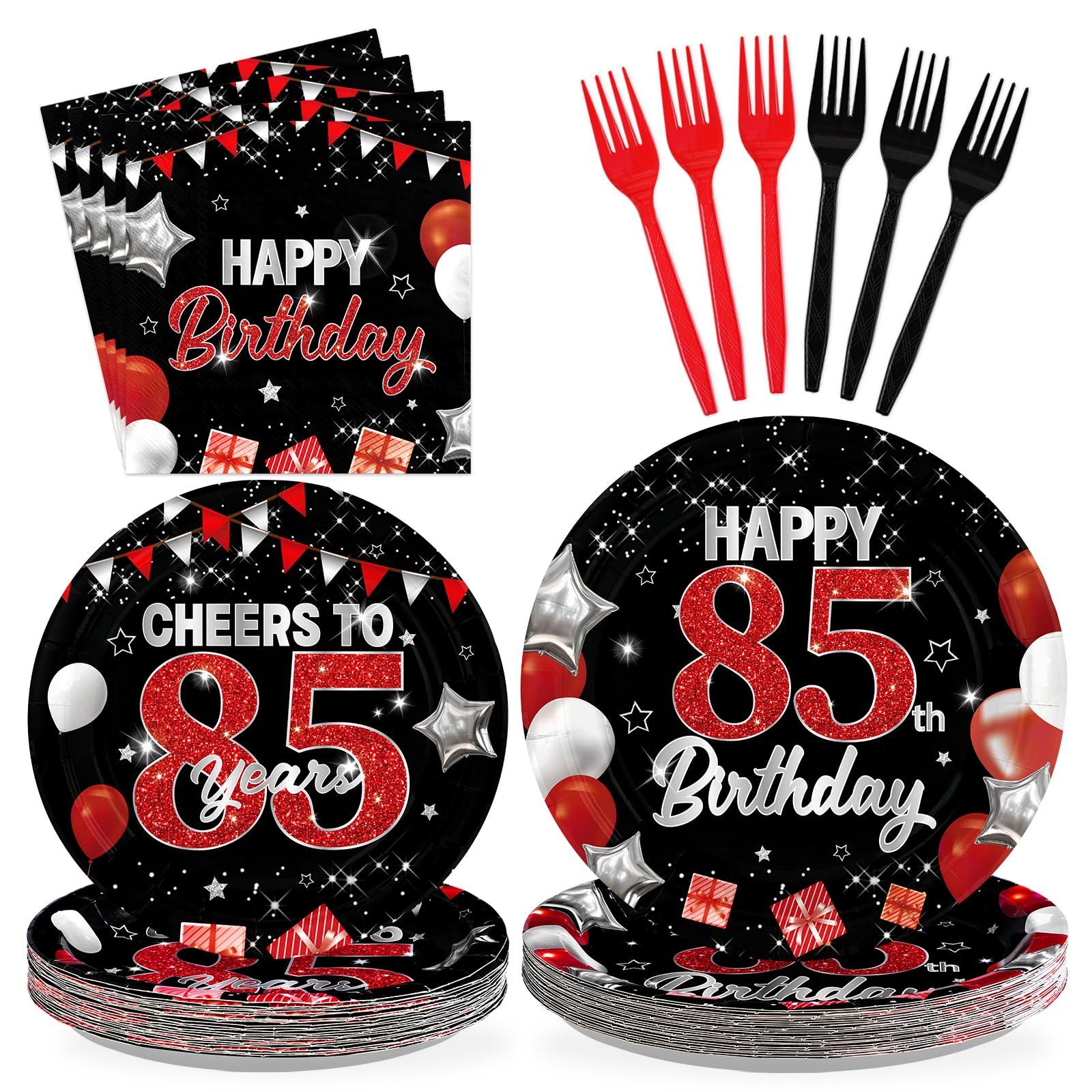96 Pcs Black Red 85th Birthday Party Plates and Napkins - Grencian