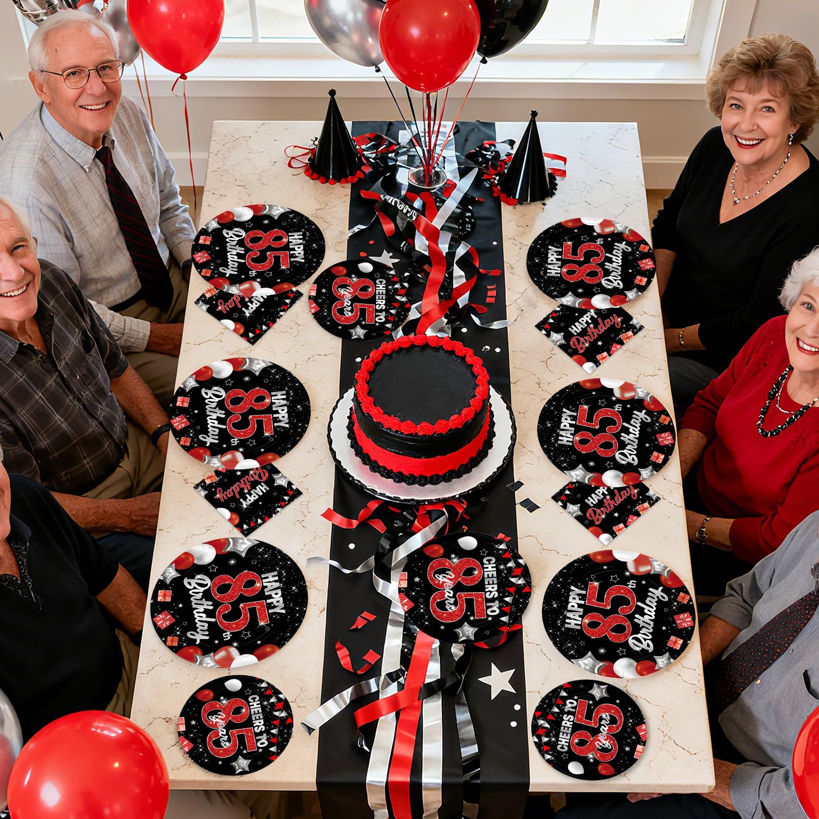 96 Pcs Black Red 85th Birthday Party Plates and Napkins - Grencian